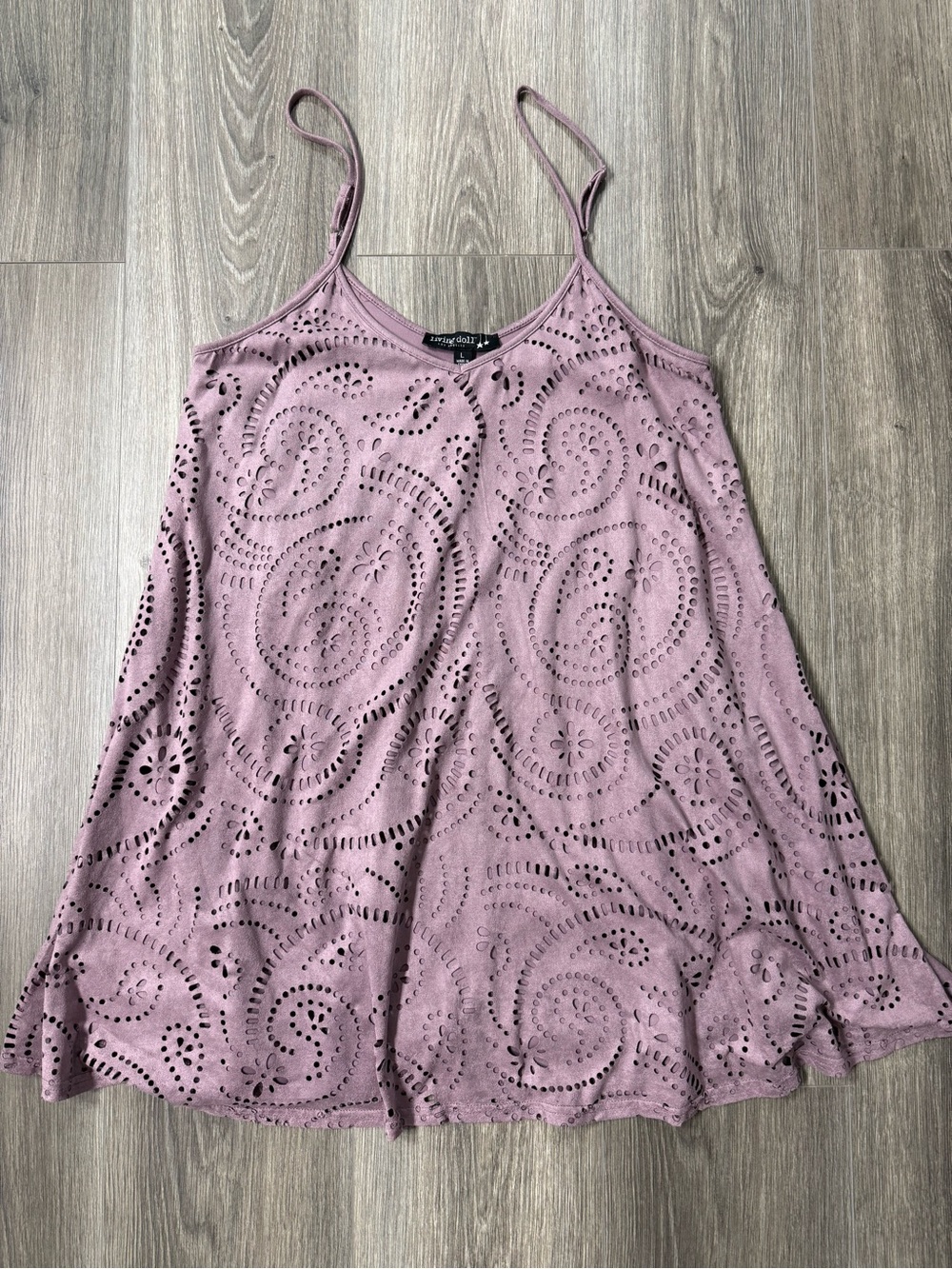 Living Doll LA Laser Cut Swing Mini Dress Purple Boho Festival Faux Suede L